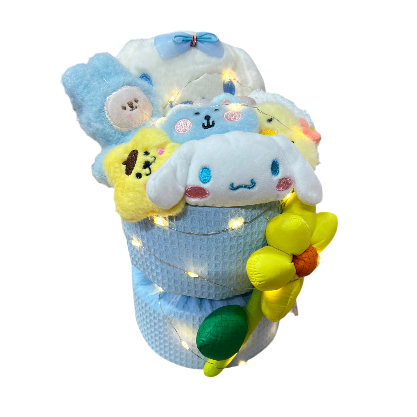 Buket z plyšáků s kyticí vepředu 24cm - Modrá