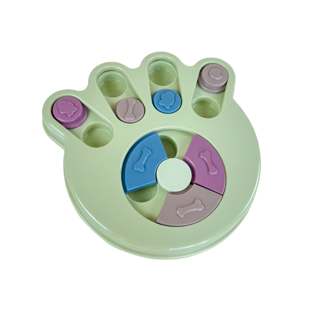 A bowl against devouring with a puzzle for dogs