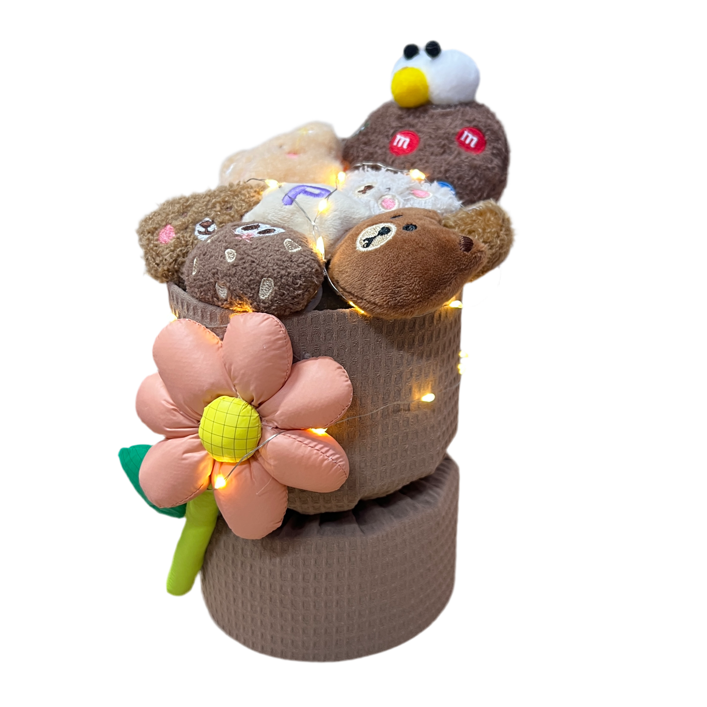 Buket z plyšáků s kyticí vepředu 24cm - Hnědá