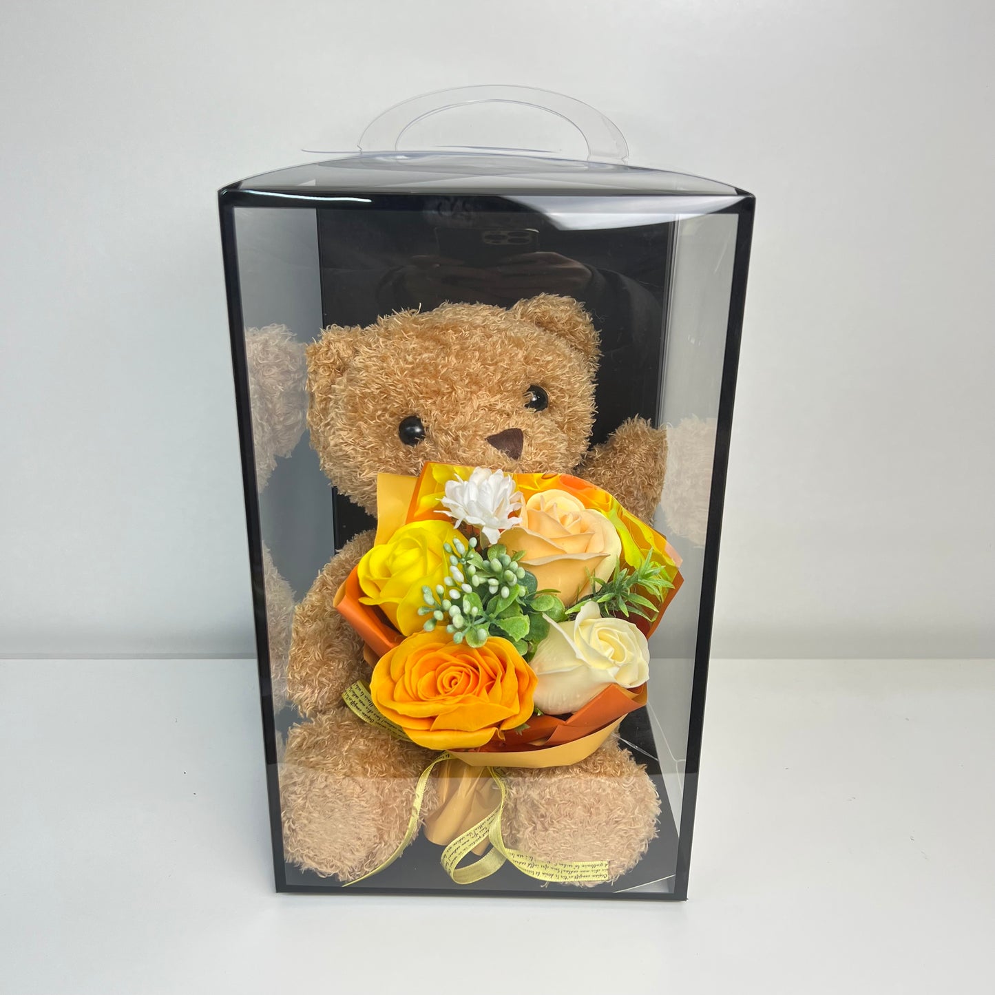 Plyšový Medvídek s Buketem Kyticí - Žlutý 28 x 17 cm v Průhledném Boxu