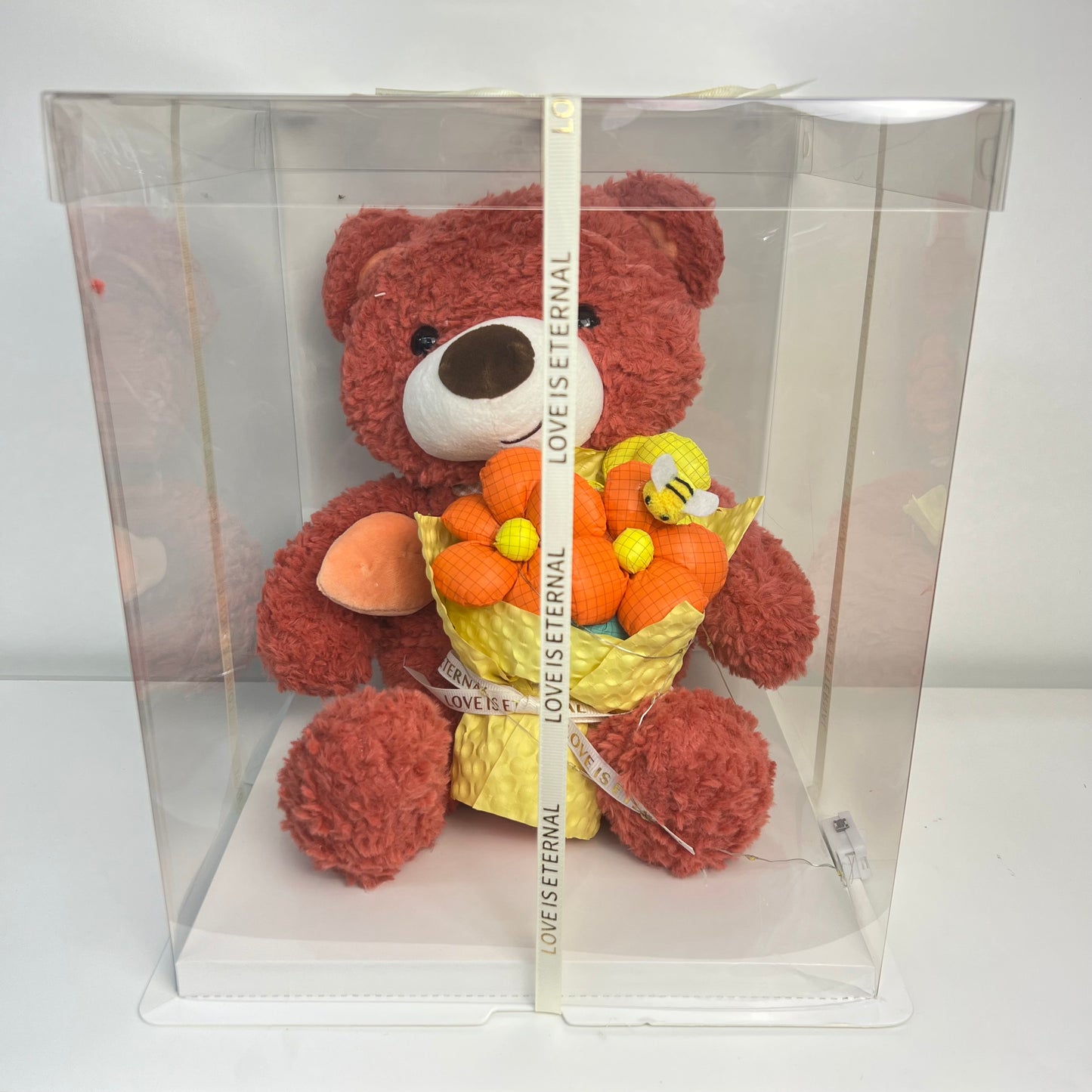 Oranžový Plyšový Medvěd s Kyticí 30cm v Průhledném Boxu