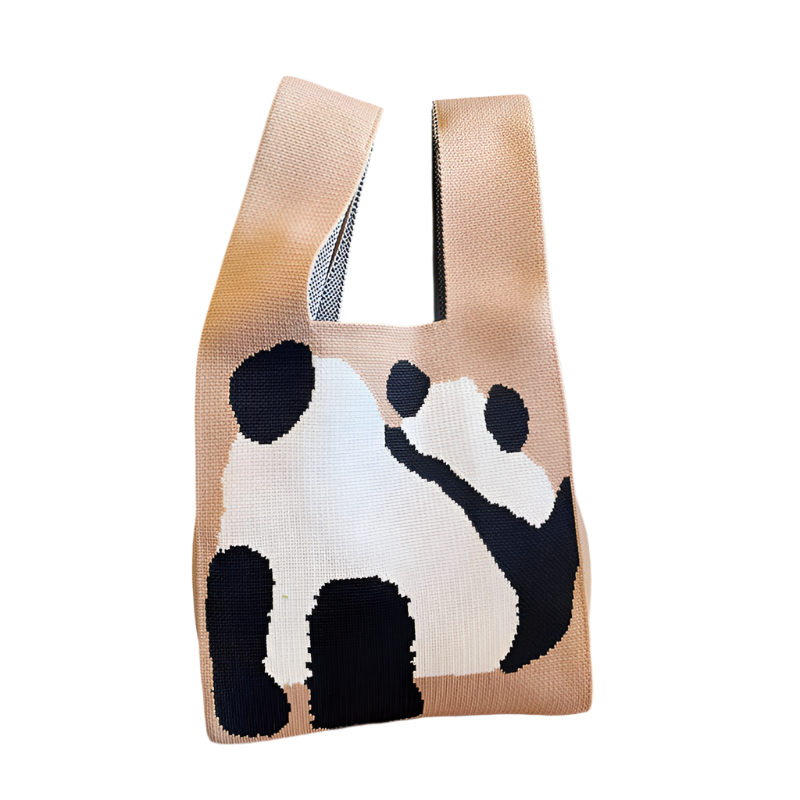 Korean Panda Bliss Knit Tote Khaki