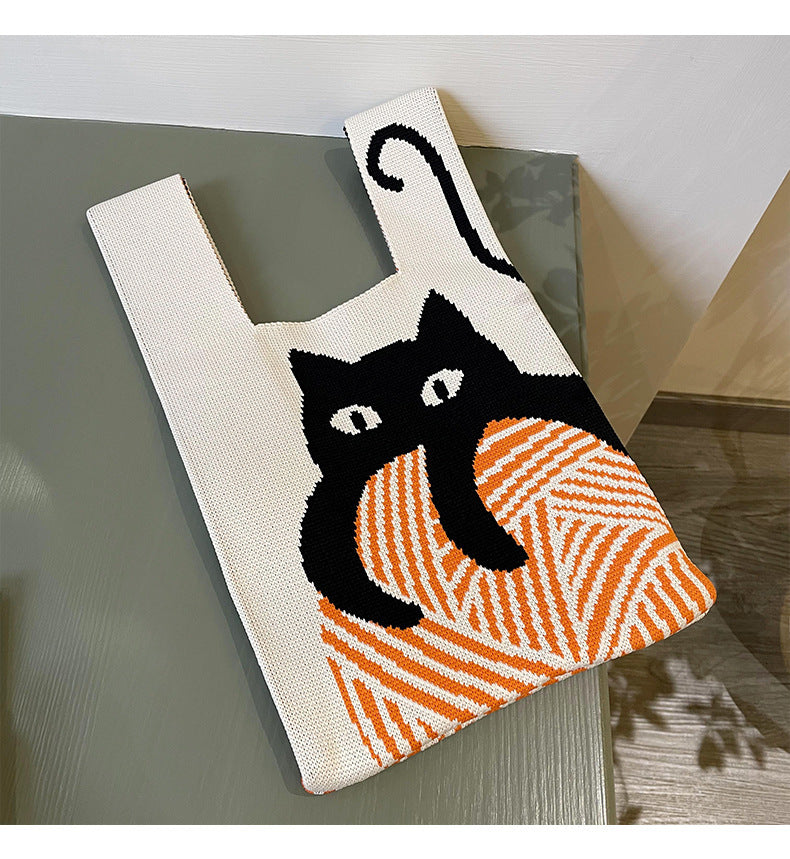 Retro Chic Knit Delight Handbag Khaki kočka s motýlem