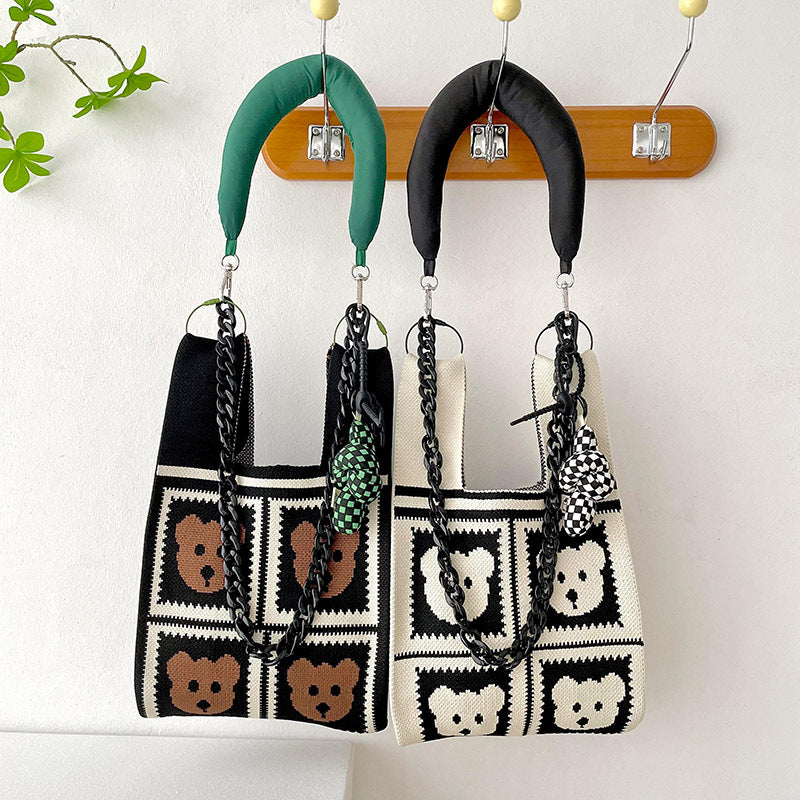 Bear Checkered Trendy Tote Černý medvěd