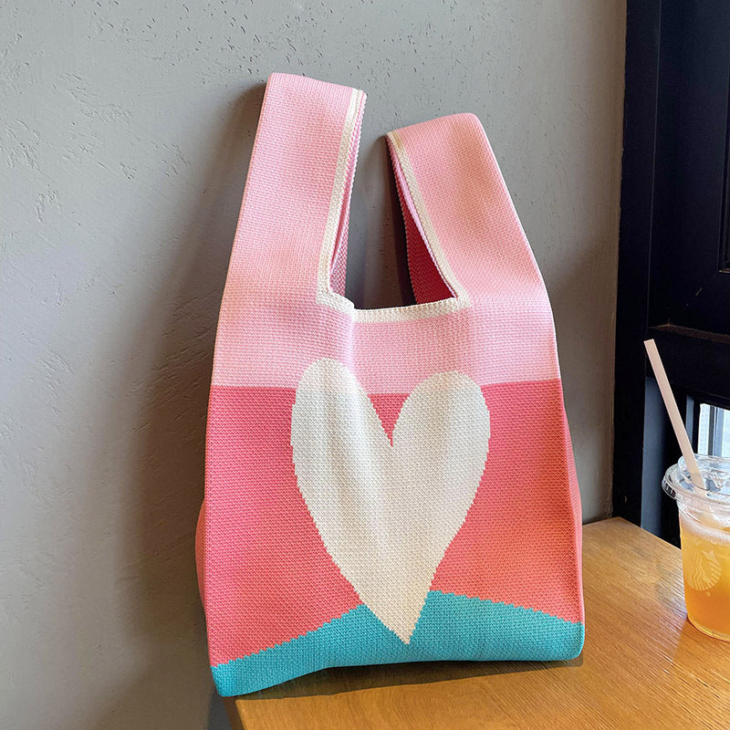 Korean Panda Bliss Knit Tote Patchwork Love růžová