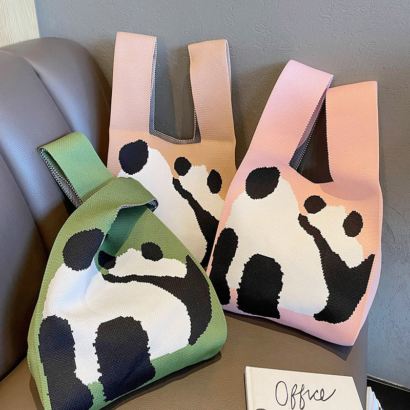 Korean Panda Bliss Knit Tote Patchwork Love Meruňková