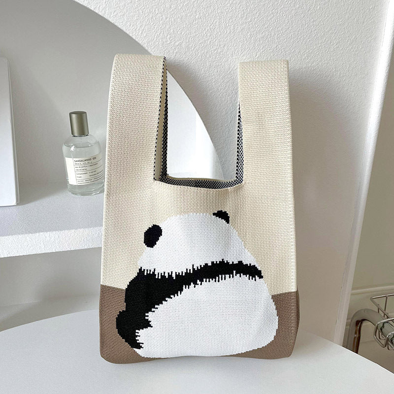 Panda's Cozy Woven Tote Barevný blok panda khaki