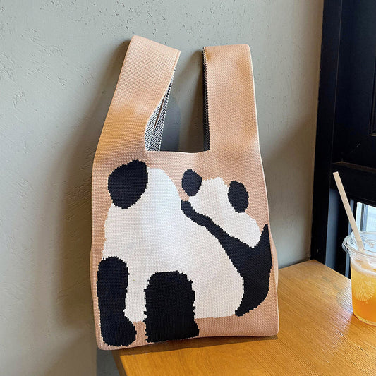 Korean Panda Bliss Knit Tote Khaki
